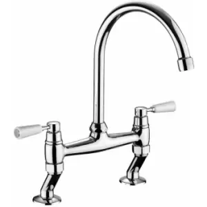 Kitchen Sink Tap Dual Lever Mono Bridge Chrome White Mixer Tap Swivel Spout