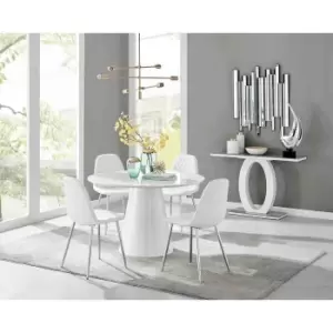 Furniture Box Palma White High Gloss Round Dining Table and 4 White Corona Silver Chairs