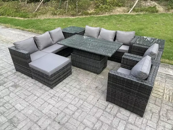 Fimous 8 Seater Outdoor Dark Grey Rattan Lounge Complete Sofa Set with Adjustable Table and Big Footstool