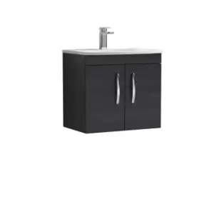 Nuie Athena 600 Wall Hung 2-door Vanity & Curved Basin - Black Woodgrain