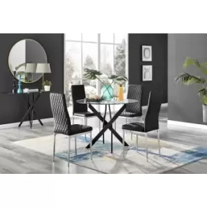 Furniturebox UK - Furniturebox Novara Black Leg 120cm Round Glass Dining Table & 4 Black Milan Velvet Dining Chairs Diamond Stitch Modern