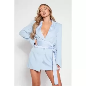 I Saw It First Baby Blue Satin Contrast Oversized Belt Blazer Dress - Blue