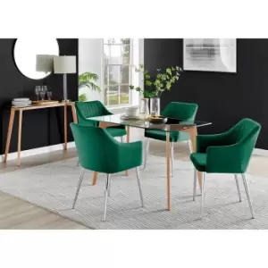 Furniture Box Malmo Glass and Wooden Leg Dining Table & 4 Green Calla Silver Leg Chairs