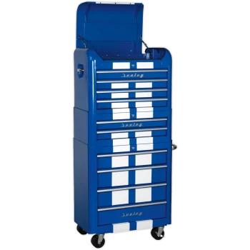 Retro Style Topchest, Mid-Box & Rollcab Combination 10 Drawer Blue/White Stripes