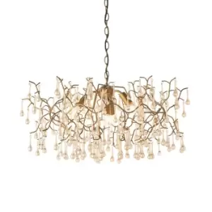 Aged Gold Branch Ceiling Chandelier - Glass Droplets - Decorative Light Fitting