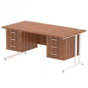 Impulse 1600 Rectangle White Cant Leg Desk WALNUT 2 x 3 Drawer Fixed Ped