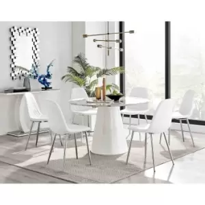 Furniture Box Palma White Marble Effect Round Dining Table and 6 White Corona Silver Chairs