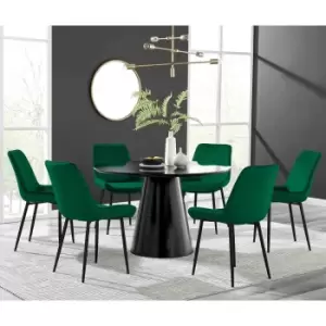 Furniture Box Palma Black Semi Gloss Round Dining Table and 6 Green Pesaro Black Leg Chairs