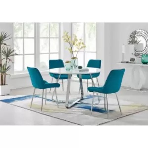 Furniture Box Santorini White Round Dining Table and 4 Blue Pesaro Silver Leg Chairs