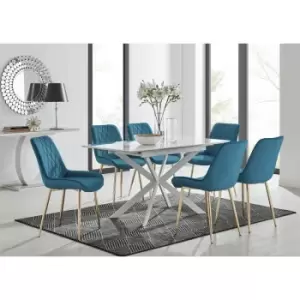 Lira 120 Extending Dining Table and 6 Blue Pesaro Gold Leg Chairs - Blue