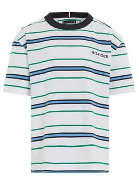 Tommy Hilfiger Boys Monotype Stripes Short Sleeve T-Shirt - White Base/Green Stripe, Multi, Size 8 Years