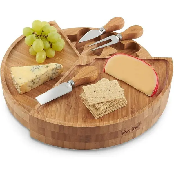 VonShef Bamboo Round Cheese Board With 3 Knives - Multi One Size