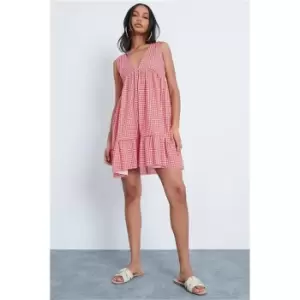 I Saw It First Red Gingham Printed V Neck Frill Hem Smock Dress - Red