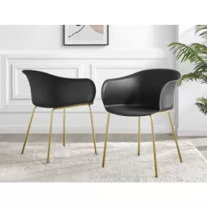 Furniturebox UK - Set of 2 Furniturebox Harper Black Dining Chair Gold Legs Modern Minimalist Industrial Chic Plastic Streamline Powder Coated