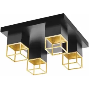 Loops - Flush Ceiling Light Black Plate Gold Square Shades Bulb GU10 4x5W Included