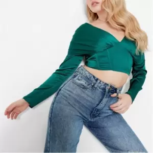 I Saw It First Satin Drape Puff Sleeve Corset Crop Top - Green