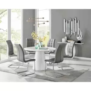 Furniture Box Palma White High Gloss Round Dining Table and 6 Grey Murano Chairs