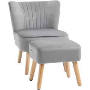 Homcom - Velvet-Feel Accent Chair w/ Ottoman Tub Seat Padding Wood Legs Light Grey - Light Grey