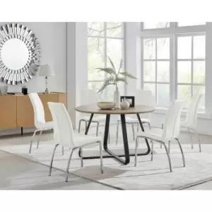 Furniture Box Santorini Brown Round Dining Table and 6 White Isco Chairs