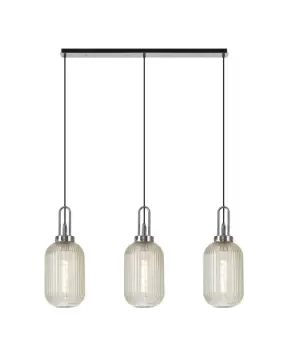 Linear 3 Light Pendant E27 With 20cm Tubular Ribbed Glass, Champagne Polished Nickel, Matt Black