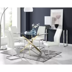 Furniturebox Leonardo 120cm Modern Glass And Gold Metal Leg Dining Table And 4 White Lorenzo Faux Leather Silver Chrome Leg Dining Chairs