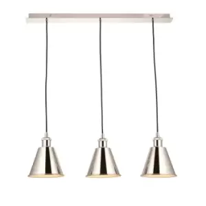 Bright Nickel Three Light Ceiling Pendant & White Inner Shade Knurled Detailing