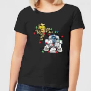 Star Wars Tangled Fairy Lights Droids Womens Christmas T-Shirt - Black