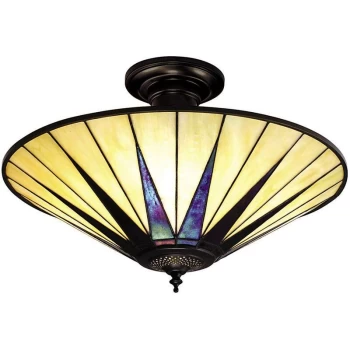 Interiors Dark Star - 3 Light Large Semi Flush Ceiling Light Black, Tiffany Style Glass, E27