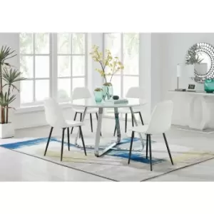 Santorini White Round Table & 4 White Corona Faux Leather Dining Chairs with Black Legs Diamond Stitch - White