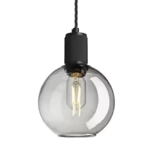 Industville Knurled Tinted Glass Globe Pendant Light in Smoke Grey with Black Holder / Large