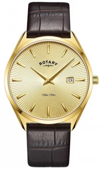 Rotary Mens Ultra Slim Brown Leather Strap Gold PVD Watch