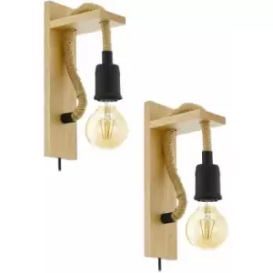 Loops - 2 pack LED Wall Light / Sconce Modern Wood & Rope Hangman Lamp 1x 10W E27