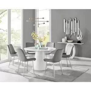 Furniturebox Palma White High Gloss 6 Seat Minimalist Post Modern Round Dining Table & 6 Grey Pesaro Silver Leg Velvet Chairs