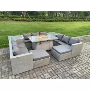 Fimous 9 Seater Outdoor Light Grey Rattan Lounge Sofa Complete Set with Gas Fire Pit and 2 Big Footstools