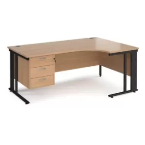 Office Desk Right Hand Corner Desk 1800mm With Pedestal Beech Top With Black Frame 1200mm Depth Maestro 25 MCM18ERP3KB