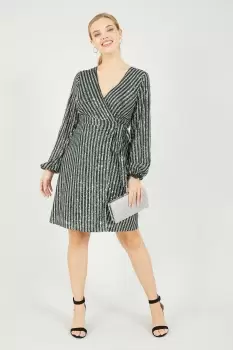 Green and Silver Stripe Sequin Wrap Dress