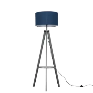 Morrigan Grey Wood Tripod Floor Lamp with XL Navy Blue Reni Shade