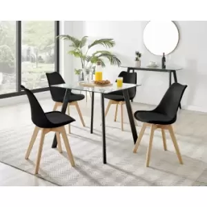 Furniturebox UK - Furniturebox Seattle Glass and Black Metal Leg Square Dining Modern Industrial Dining Table & 4 Black Stockholm Wooden Leg Faux