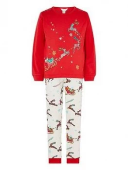 Monsoon Girls Christmas Sleigh Jersey Pyjamas - Red, Size 7-8 Years, Women