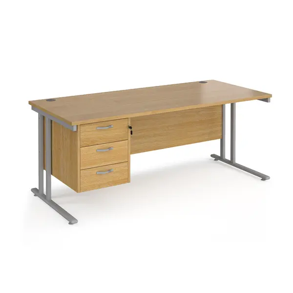 Maestro 25 Oak Straight Office Desk with 3 Drawer Pedestal and Silver Cantilever Leg Frame - 1800mm x 800mm