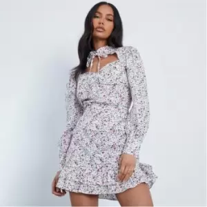 I Saw It First Floral Print Tie Collar Cut Out Mini Dress - White