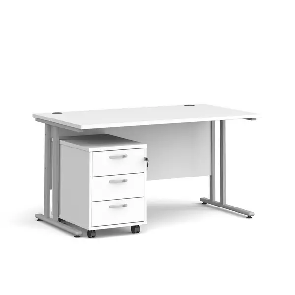 Maestro 25 Straight Desk Silver Frame White Table Top and 3 Drawer Pedestal - 1400mm