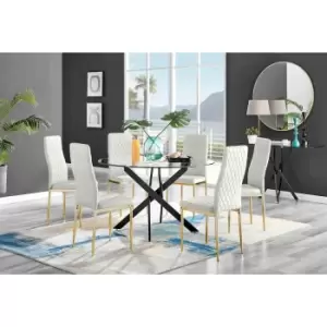 Furniture Box Novara Black Leg 120Cm Round Glass Dining Table and 6 Cream Velvet Milan Gold Leg Chairs