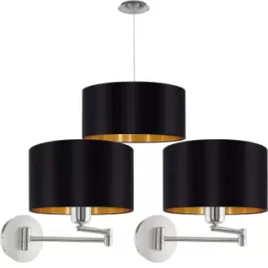 Ceiling Pendant & 2x Matching Wall Lights Black & Gold Fabric Feature Shade