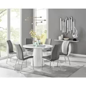 Furniturebox Palma White High Gloss 6 Seat Minimalist Post Modern Round Dining Table& 6 Grey Isco Faux Leather Chairs