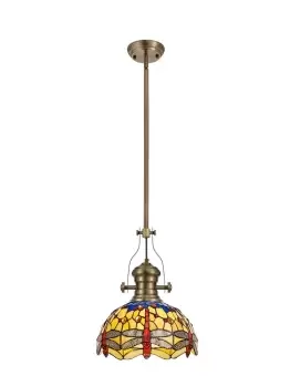 1 Light Telescopic Ceiling Pendant E27 With 30cm Tiffany Shade, Antique Brass, Blue, Orange, Crystal