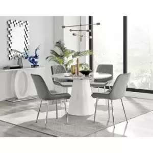 Furniturebox Palma White Marble Effect 120cm Round Minimalist Dining Table & 4 Grey Pesaro Silver Leg Velvet Chairs