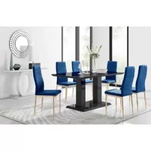 Furniture Box Imperia 6 Black Dining Table and 6 Navy Velvet Milan Gold Leg Chairs