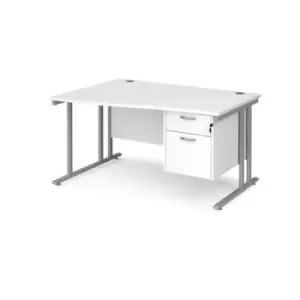 Office Desk Left Hand Wave Desk 1400mm With Pedestal White Top With Silver Frame Maestro 25 MC14WLP2SWH