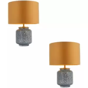 Loops - 2 pack Cobalt Glass Base Table Lamp Light & Gold Fabric Shade - Antique Brass